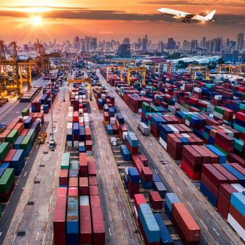 Container ship in import export and business logistic, By crane, Trade Port, Shipping cargo to harbor, Aerial view from drone, International transportation, Business logistics concept